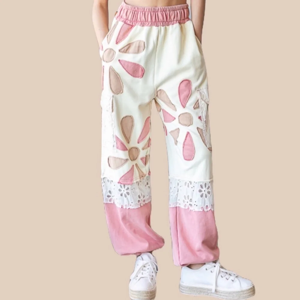 Oli & Hali  Mineral wash patchwork jogger Women's Pants Boho Palazzo Plaid Pants
